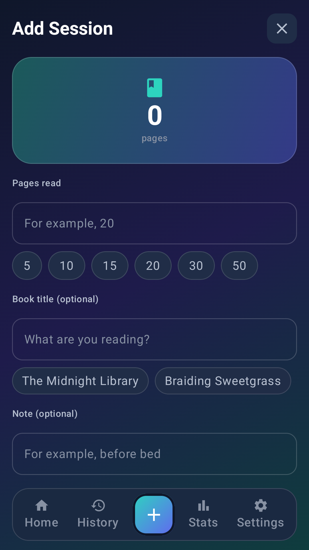 Add reading session screen
