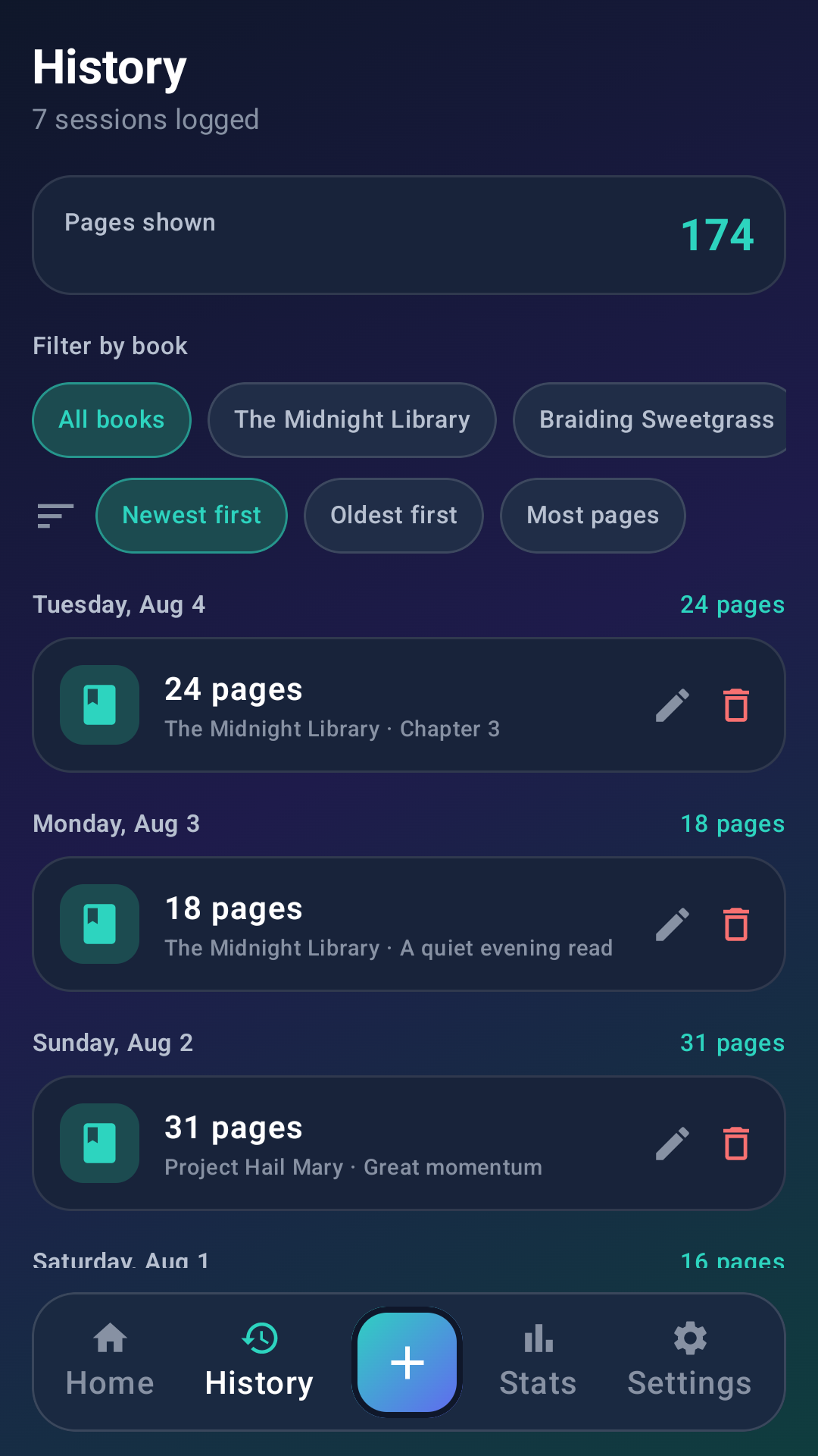Reading history screen